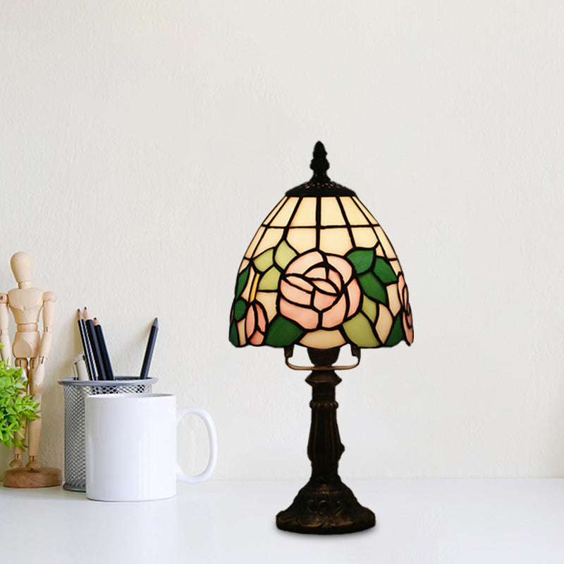 Dome-Shaped Baroque Style Nightstand Lamp - Stained Glass With Blossom Pattern In Red/Pink/Orange