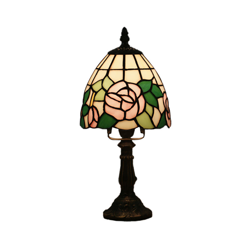 Dome-Shaped Baroque Style Nightstand Lamp - Stained Glass With Blossom Pattern In Red/Pink/Orange