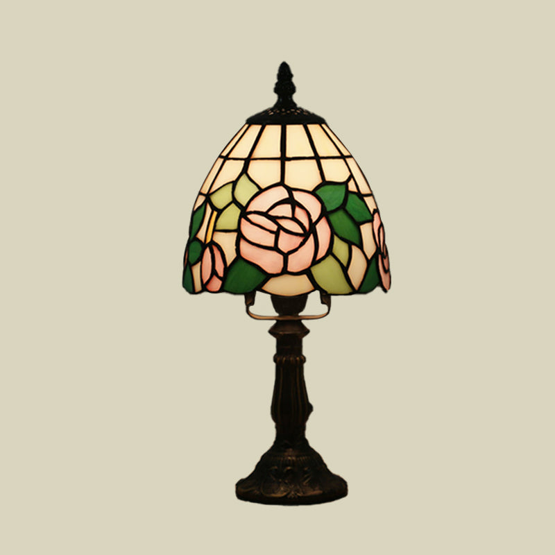 Dome-Shaped Baroque Style Nightstand Lamp - Stained Glass With Blossom Pattern In Red/Pink/Orange