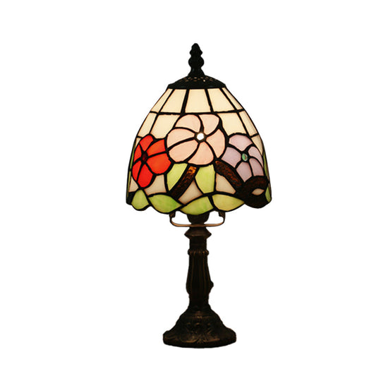 Dome-Shaped Baroque Style Nightstand Lamp - Stained Glass With Blossom Pattern In Red/Pink/Orange