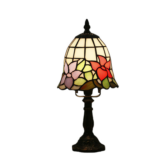 Mediterranean Stained Glass Night Light: White/Red With Conical/Flared Shape And Floral Pattern