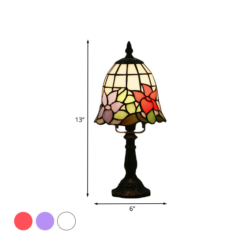 Mediterranean Stained Glass Night Light: White/Red With Conical/Flared Shape And Floral Pattern