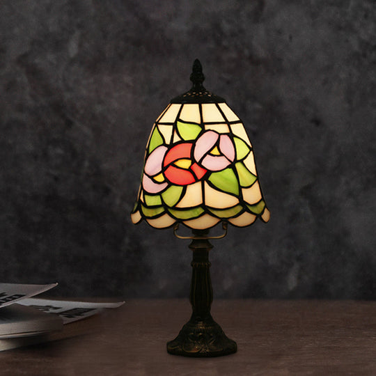 Mediterranean Stained Glass Night Light: White/Red With Conical/Flared Shape And Floral Pattern