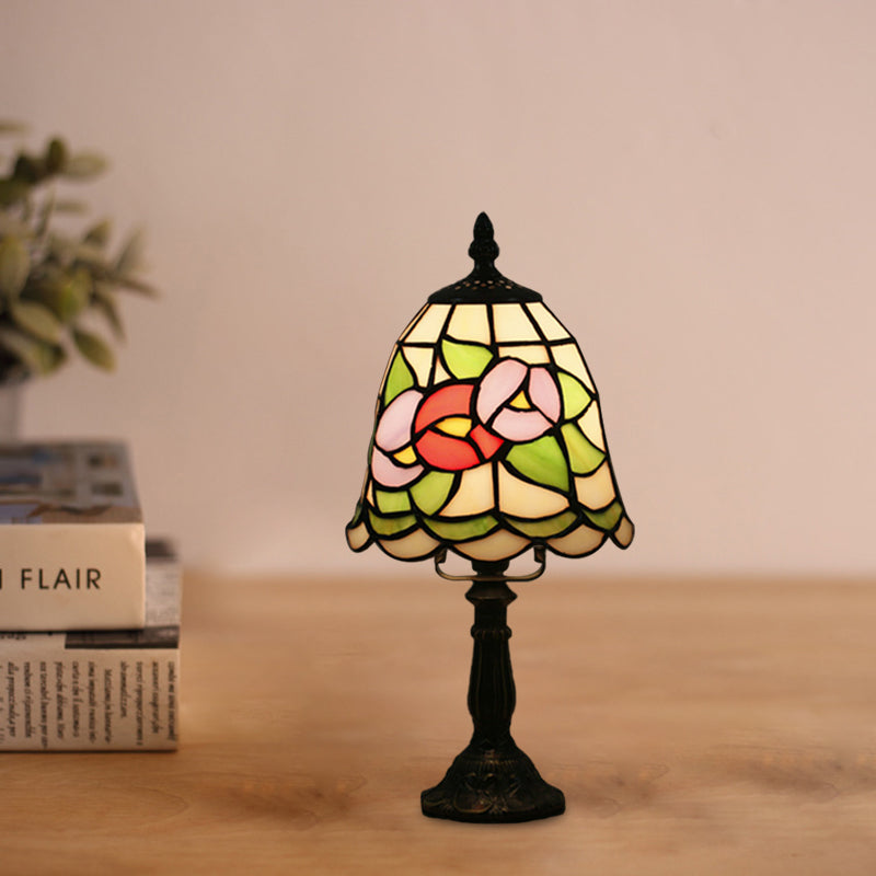 Mediterranean Stained Glass Night Light: White/Red With Conical/Flared Shape And Floral Pattern