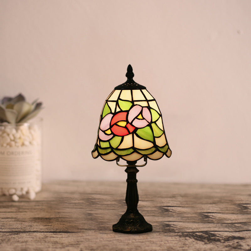 Mediterranean Stained Glass Night Light: White/Red With Conical/Flared Shape And Floral Pattern