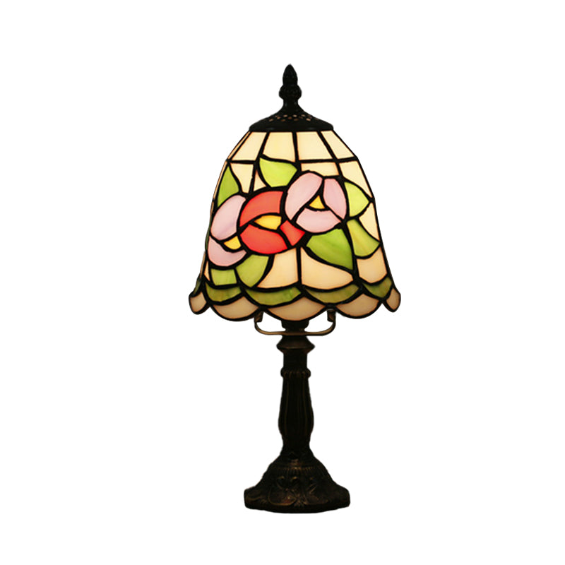 Mediterranean Stained Glass Night Light: White/Red With Conical/Flared Shape And Floral Pattern