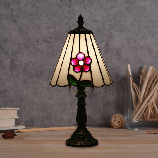 Mediterranean Stained Glass Night Light: White/Red With Conical/Flared Shape And Floral Pattern