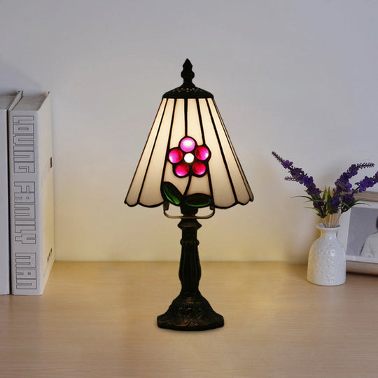 Mediterranean Stained Glass Night Light: White/Red With Conical/Flared Shape And Floral Pattern