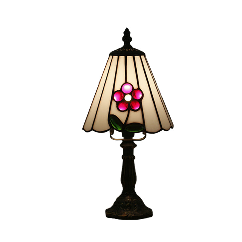 Mediterranean Stained Glass Night Light: White/Red With Conical/Flared Shape And Floral Pattern