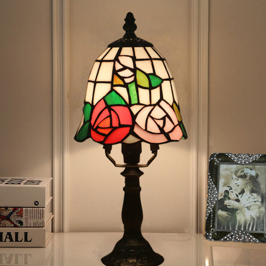 Baroque Bell Stained Art Glass Nightlight Table Lamp In Pink/Orange - Bloom Pattern Bedside Lighting