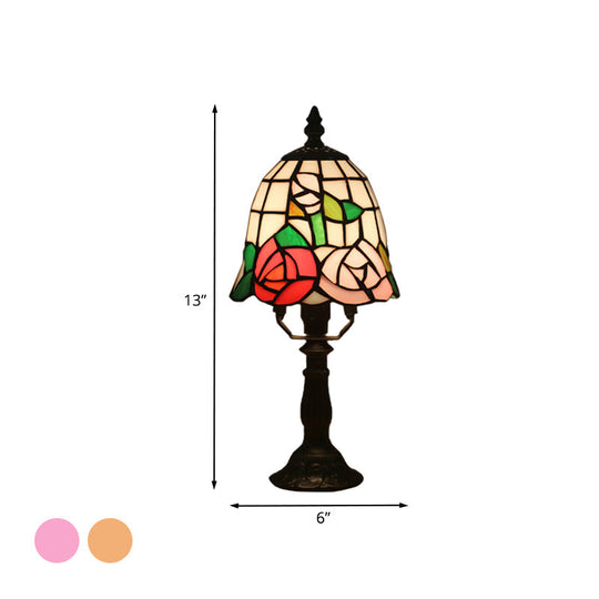 Baroque Bell Stained Art Glass Nightlight Table Lamp In Pink/Orange - Bloom Pattern Bedside Lighting