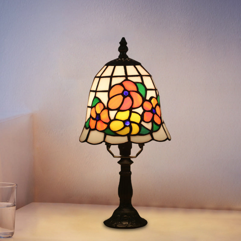 Baroque Bell Stained Art Glass Nightlight Table Lamp In Pink/Orange - Bloom Pattern Bedside Lighting