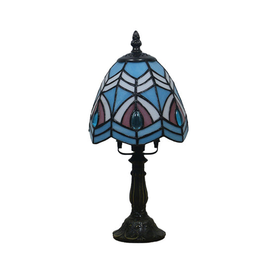 Mediterranean Beige/Pink Glass Bowl Night Lamp - Hand-Cut With Floral/Peacock Tail Patterns Table