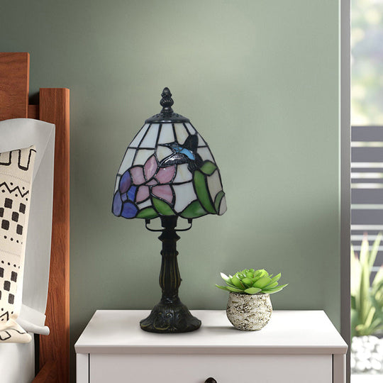 Mediterranean Beige/Pink Glass Bowl Night Lamp - Hand-Cut With Floral/Peacock Tail Patterns Table