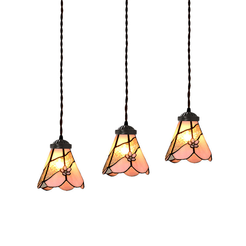 Baroque Style Pink Stained Glass Pendant Light Kit for Dining Room with 3 Bulbs