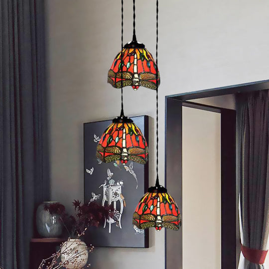 Tiffany Domed Stained Glass Ceiling Pendant Light with 3-Head Cluster Design in White/Red/Yellow, Dragonfly/Grape/Rose Pattern