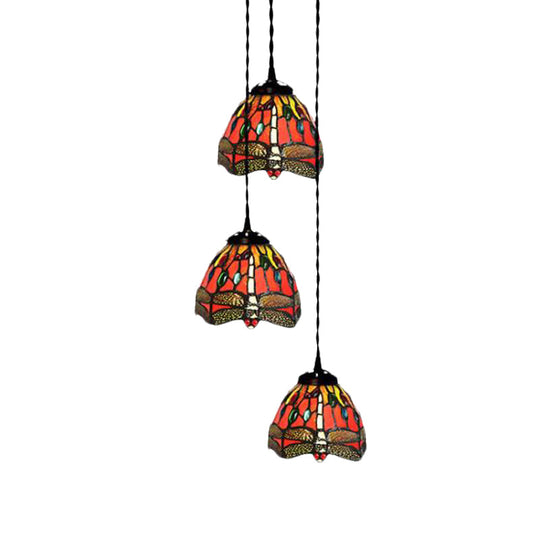 Tiffany Domed Stained Glass Ceiling Pendant Light with 3-Head Cluster Design in White/Red/Yellow, Dragonfly/Grape/Rose Pattern