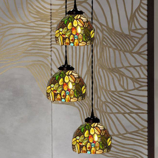 Tiffany Domed Stained Glass Ceiling Pendant Light with 3-Head Cluster Design in White/Red/Yellow, Dragonfly/Grape/Rose Pattern