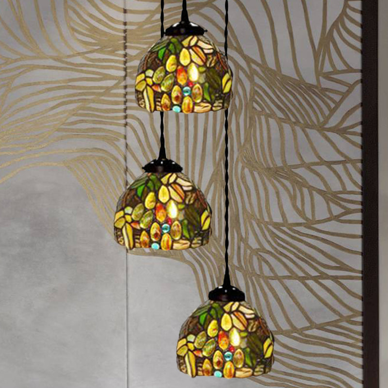 Tiffany Stained Glass Ceiling Lamp With Dragonfly And Floral Pattern Yellow