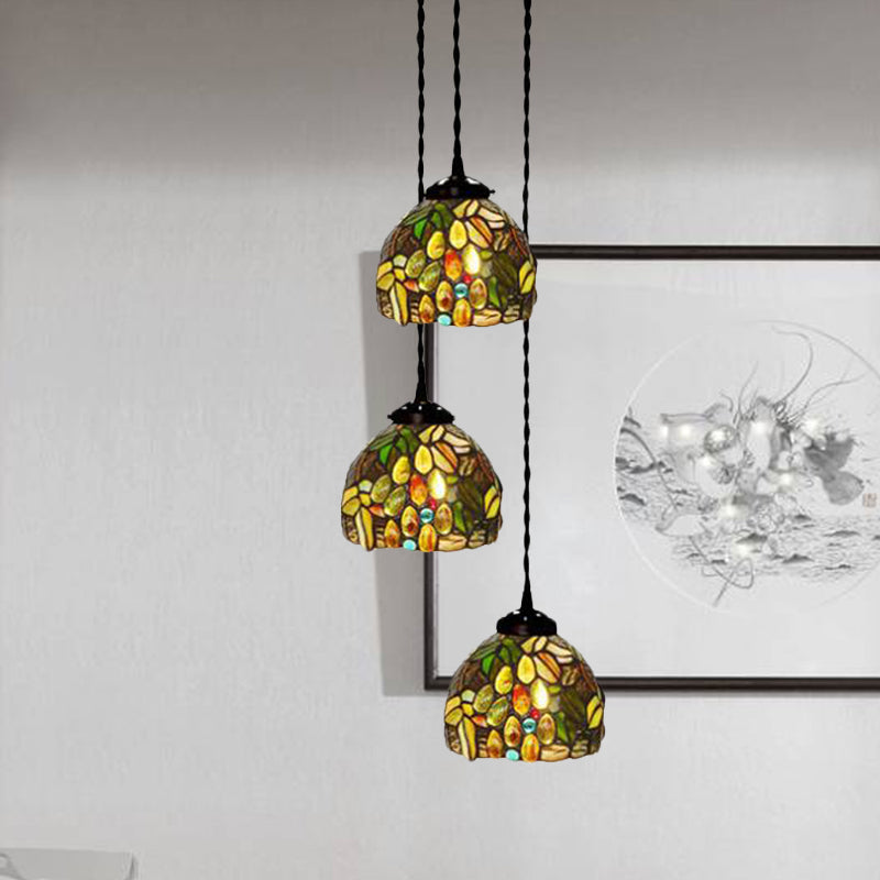 Tiffany Domed Stained Glass Ceiling Pendant Light with 3-Head Cluster Design in White/Red/Yellow, Dragonfly/Grape/Rose Pattern