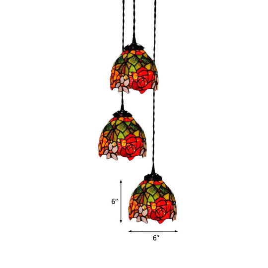 Tiffany Domed Stained Glass Ceiling Pendant Light with 3-Head Cluster Design in White/Red/Yellow, Dragonfly/Grape/Rose Pattern