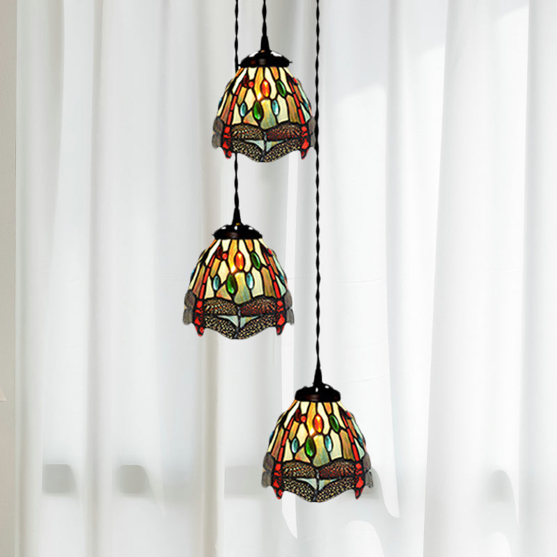 Tiffany Domed Stained Glass Ceiling Pendant Light with 3-Head Cluster Design in White/Red/Yellow, Dragonfly/Grape/Rose Pattern