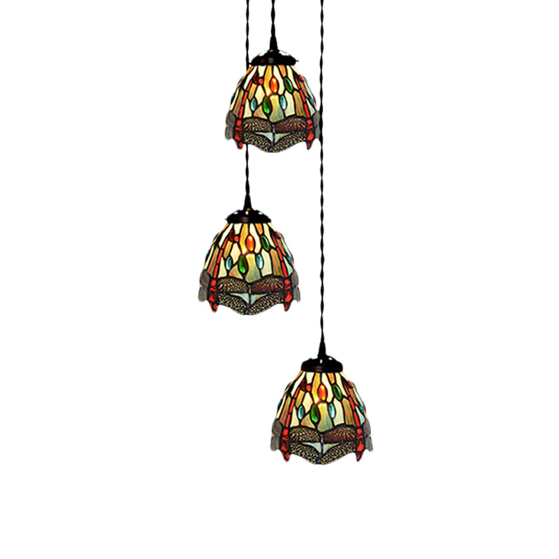 Tiffany Domed Stained Glass Ceiling Pendant Light with 3-Head Cluster Design in White/Red/Yellow, Dragonfly/Grape/Rose Pattern