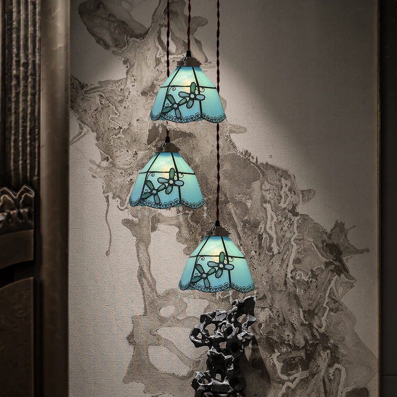 Victorian Hand Cut Glass Multi Pendant Light - Pink/Light Blue & White Bell/Bowl Drop, Floral/Fruit Pattern - 3 Heads