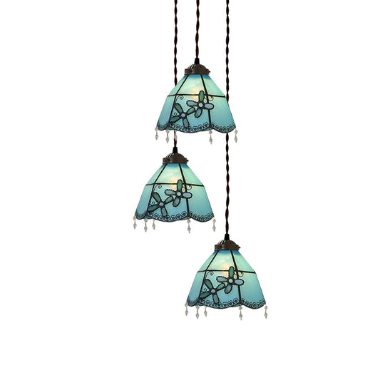 Victorian Hand Cut Glass Multi Pendant Light - Pink/Light Blue & White Bell/Bowl Drop, Floral/Fruit Pattern - 3 Heads