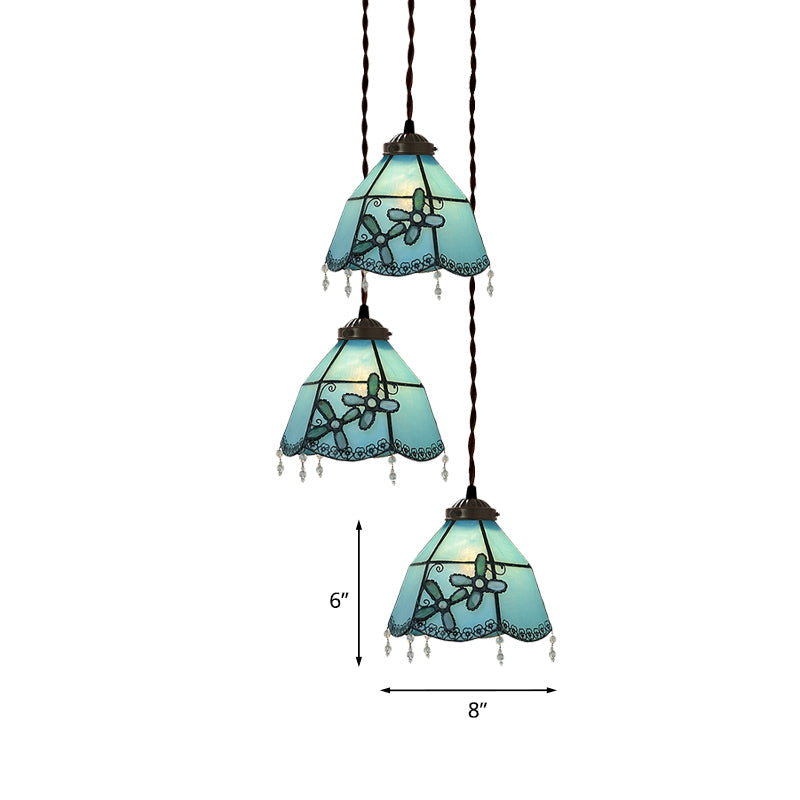 Victorian Hand Cut Glass Multi Pendant Light - Pink/Light Blue & White Bell/Bowl Drop, Floral/Fruit Pattern - 3 Heads