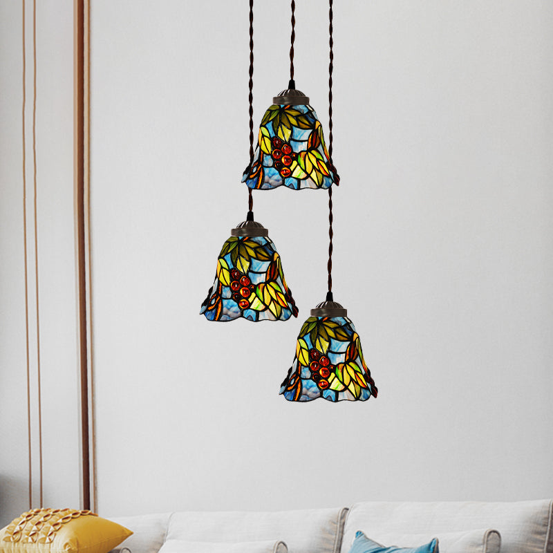 Victorian Hand Cut Glass Multi Pendant Light - Pink/Light Blue & White Floral/Fruit Pattern 3 Head