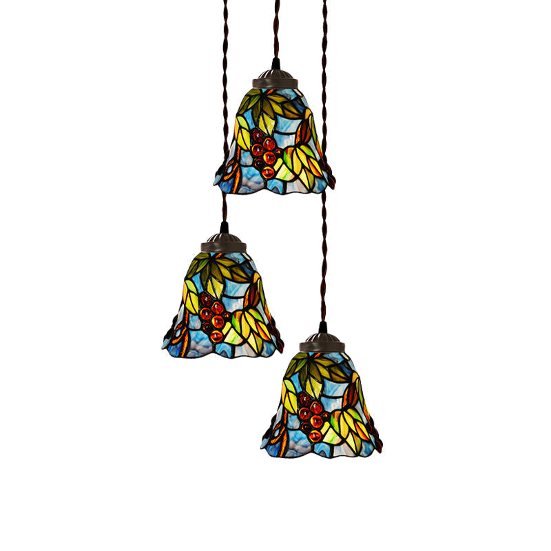 Victorian Hand Cut Glass Multi Pendant Light - Pink/Light Blue & White Bell/Bowl Drop, Floral/Fruit Pattern - 3 Heads