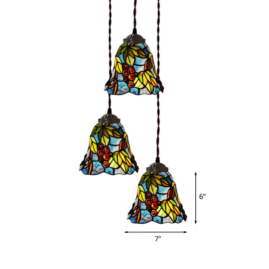 Victorian Hand Cut Glass Multi Pendant Light - Pink/Light Blue & White Bell/Bowl Drop, Floral/Fruit Pattern - 3 Heads