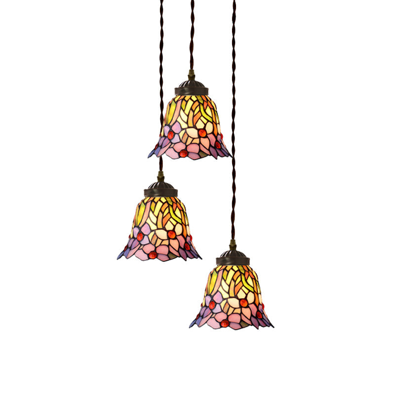 Victorian Hand Cut Glass Multi Pendant Light - Pink/Light Blue & White Floral/Fruit Pattern 3 Head