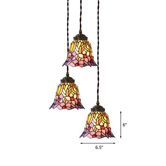 Victorian Hand Cut Glass Multi Pendant Light - Pink/Light Blue & White Floral/Fruit Pattern 3 Head