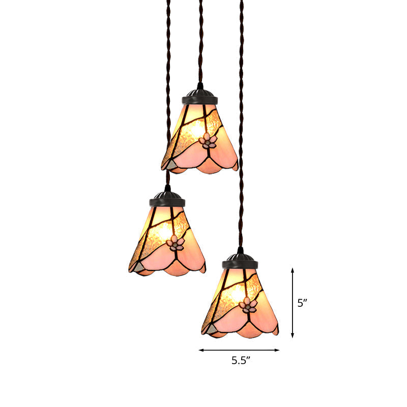 Victorian Hanging Light Kit - Pink Stained Glass Cluster Pendant with Morning Glory Design