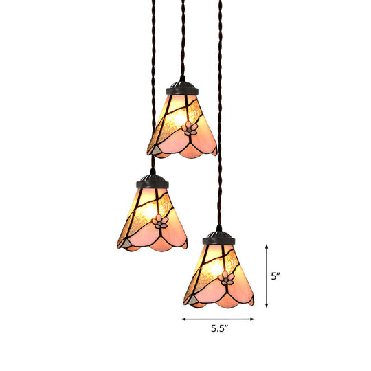 Victorian Bowl/Morning Glory Hanging Light Kit - 3-Light Pink Stained Glass Cluster Pendant