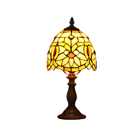 Pink Tiffany Style Stained Art Glass Dome Shaped Nightstand Lamp With Floral Pattern - 1 Head Table