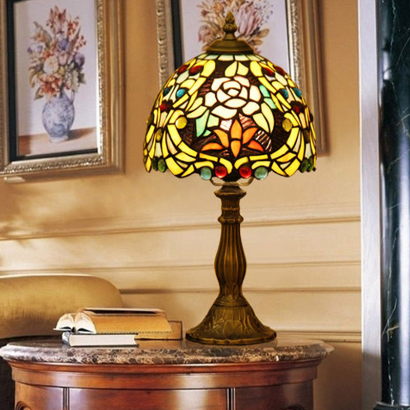 Victorian Hand Cut Glass Dome Shaped Bronze Table Light - Blossom Pattern Nightstand Lighting