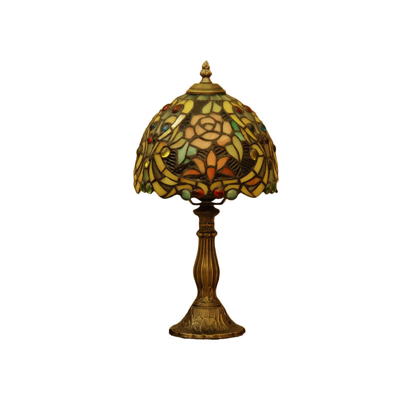 Victorian Hand Cut Glass Dome Shaped Bronze Table Light - Blossom Pattern Nightstand Lighting