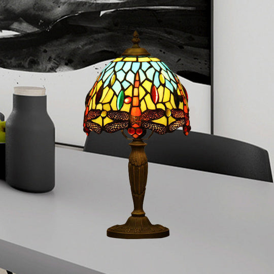 Mediterranean Dragonfly Patterned Desk Night Lamp - Colorful Cut Glass 1-Light Ideal For Coffee