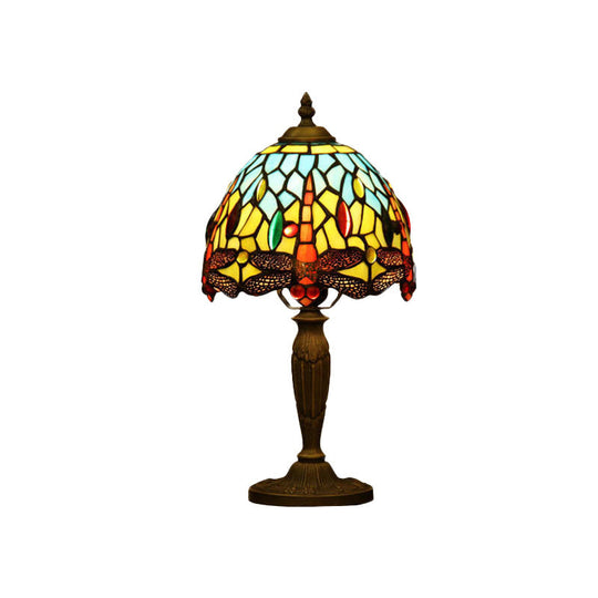 Mediterranean Dragonfly Patterned Desk Night Lamp - Colorful Cut Glass 1-Light Ideal For Coffee