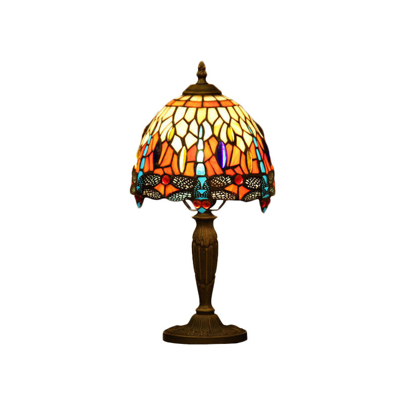 Mediterranean Dragonfly Patterned Desk Night Lamp - Colorful Cut Glass 1-Light Ideal For Coffee