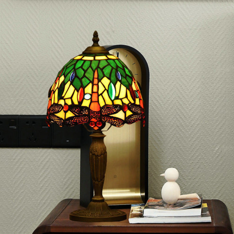 Mediterranean Dragonfly Patterned Desk Night Lamp - Colorful Cut Glass 1-Light Ideal For Coffee