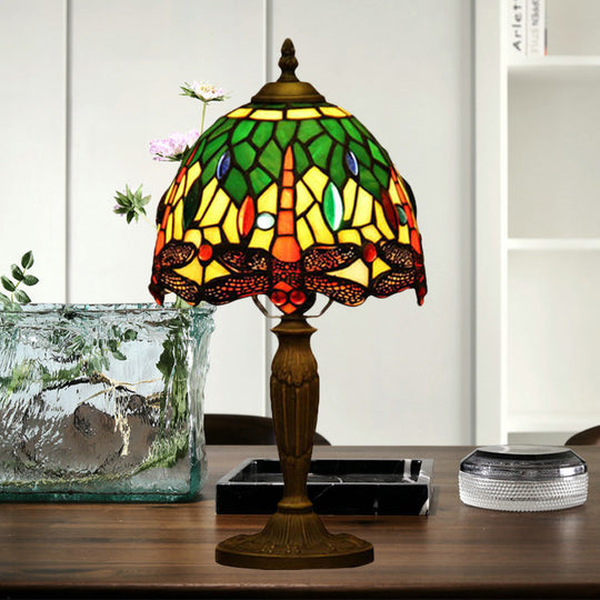 Mediterranean Dragonfly Patterned Desk Night Lamp - Colorful Cut Glass 1-Light Ideal For Coffee