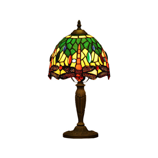 Mediterranean Dragonfly Patterned Desk Night Lamp - Colorful Cut Glass 1-Light Ideal For Coffee