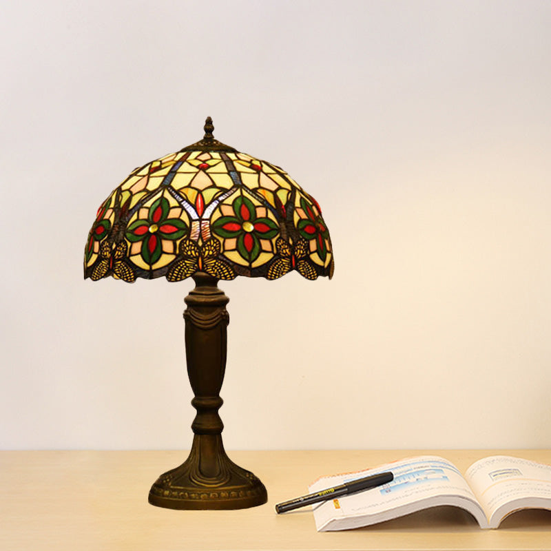 Victorian Domed Cut Glass Night Table Light - Beige/Orange Floral Desk Lamp