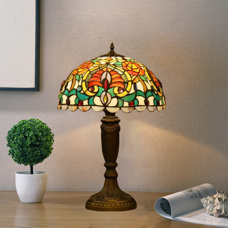 Victorian Domed Cut Glass Night Table Light - Beige/Orange Floral Desk Lamp Orange