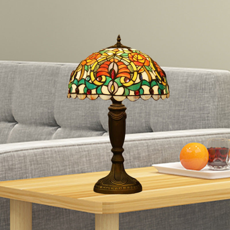 Victorian Domed Cut Glass Night Table Light - Beige/Orange Floral Desk Lamp