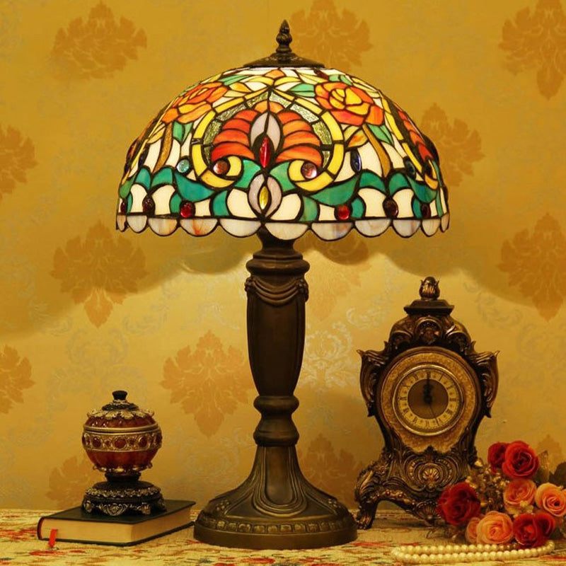 Victorian Domed Cut Glass Night Table Light - Beige/Orange Floral Desk Lamp